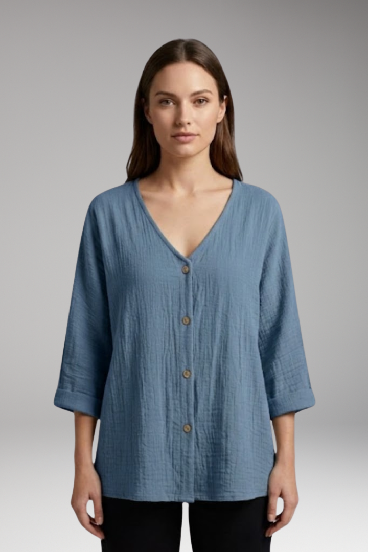 Women's Blouse with V Neck and Button Closure