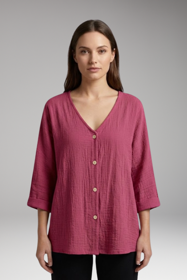Women's Blouse with V Neck and Button Closure