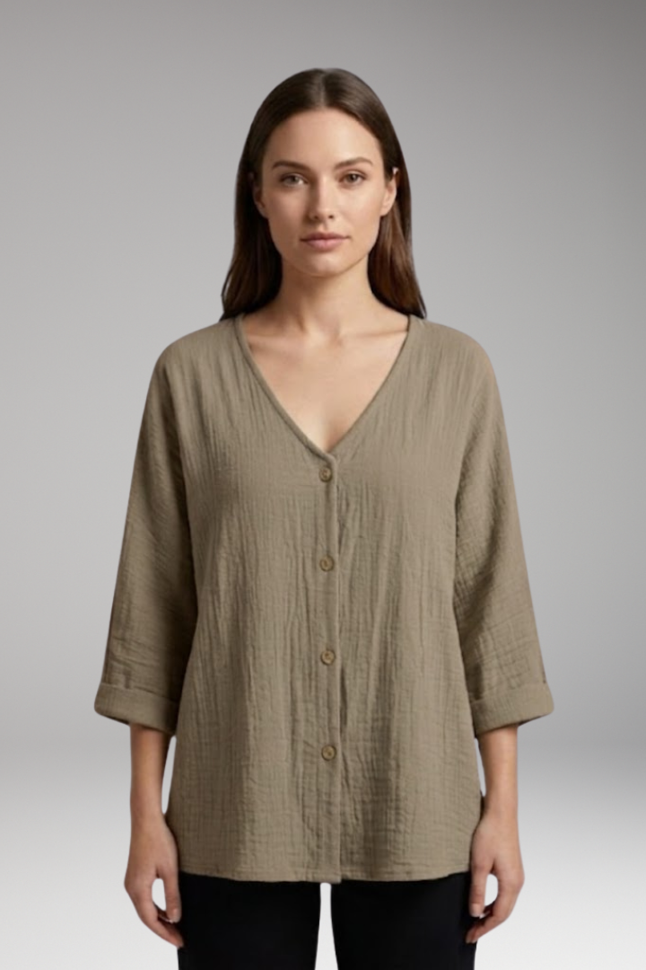 Women's Blouse with V Neck and Button Closure