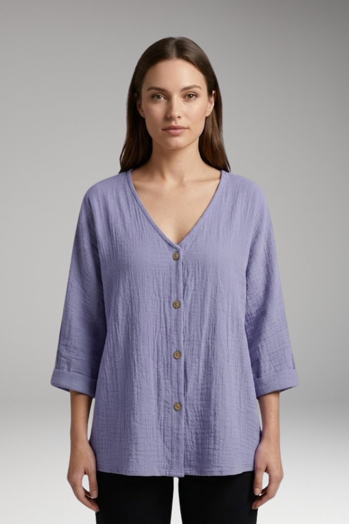 Women's Blouse with V Neck and Button Closure
