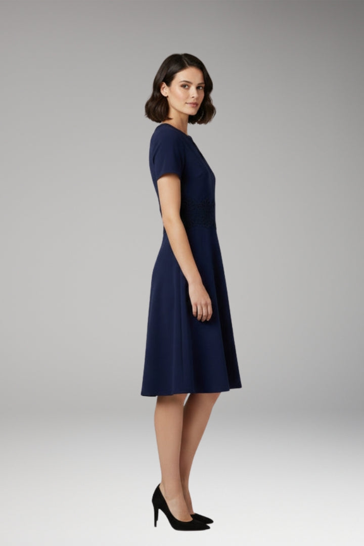 Women's Blue Dress with Lace Detailing and Defined Waist