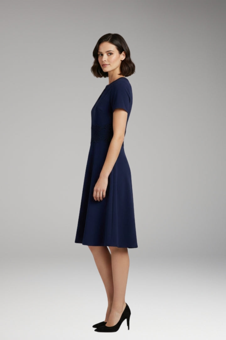 Women's Blue Dress with Lace Detailing and Defined Waist