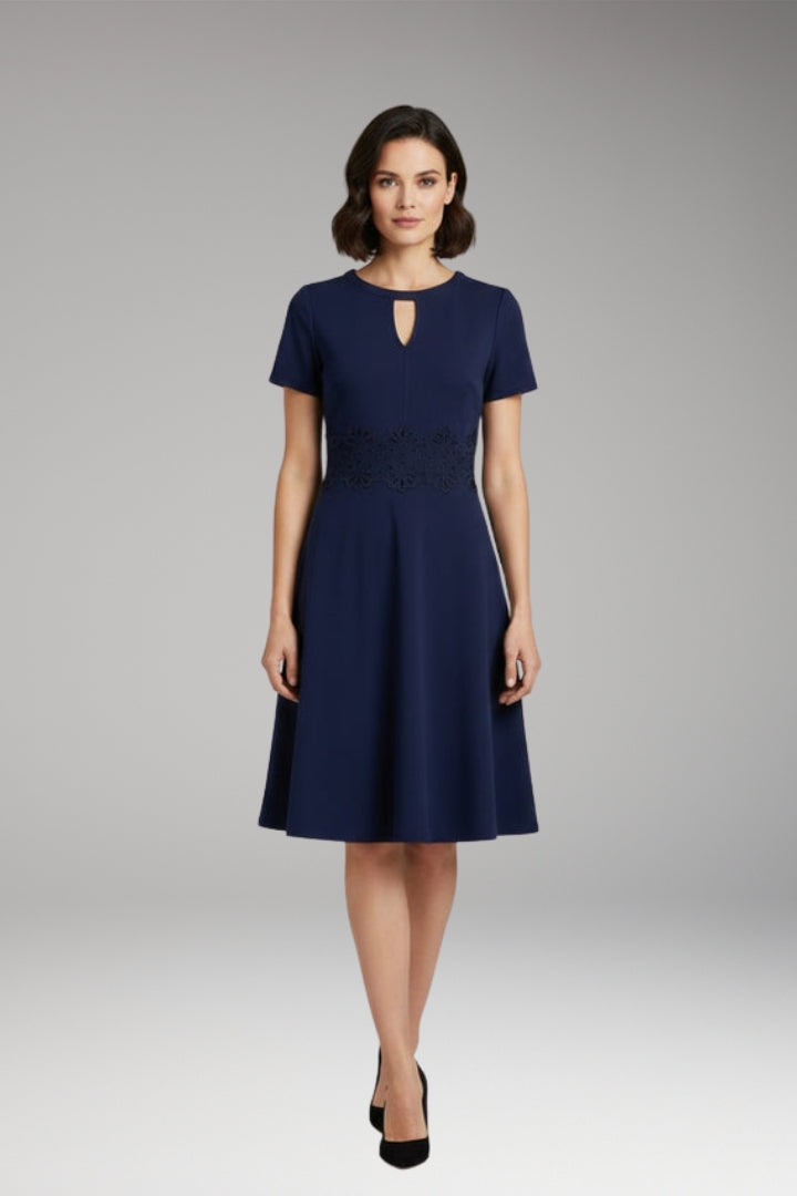 Women's Blue Dress with Lace Detailing and Defined Waist