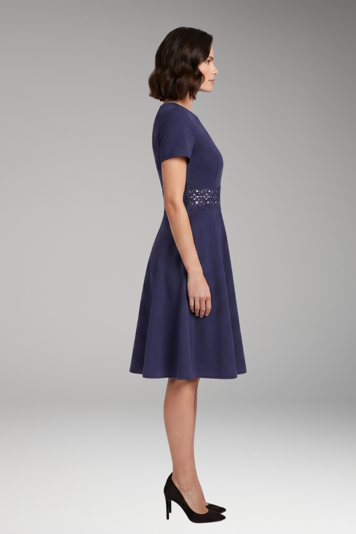 Women's Blue Dress with Lace Detailing and Defined Waist