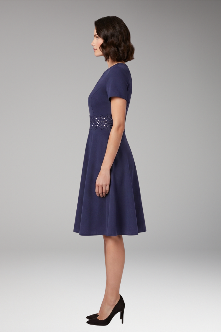 Women's Blue Dress with Lace Detailing and Defined Waist