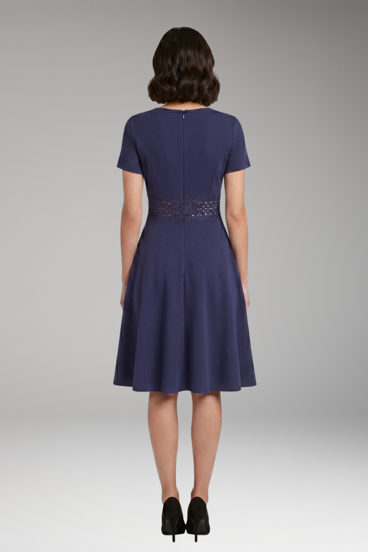 Women's Blue Dress with Lace Detailing and Defined Waist