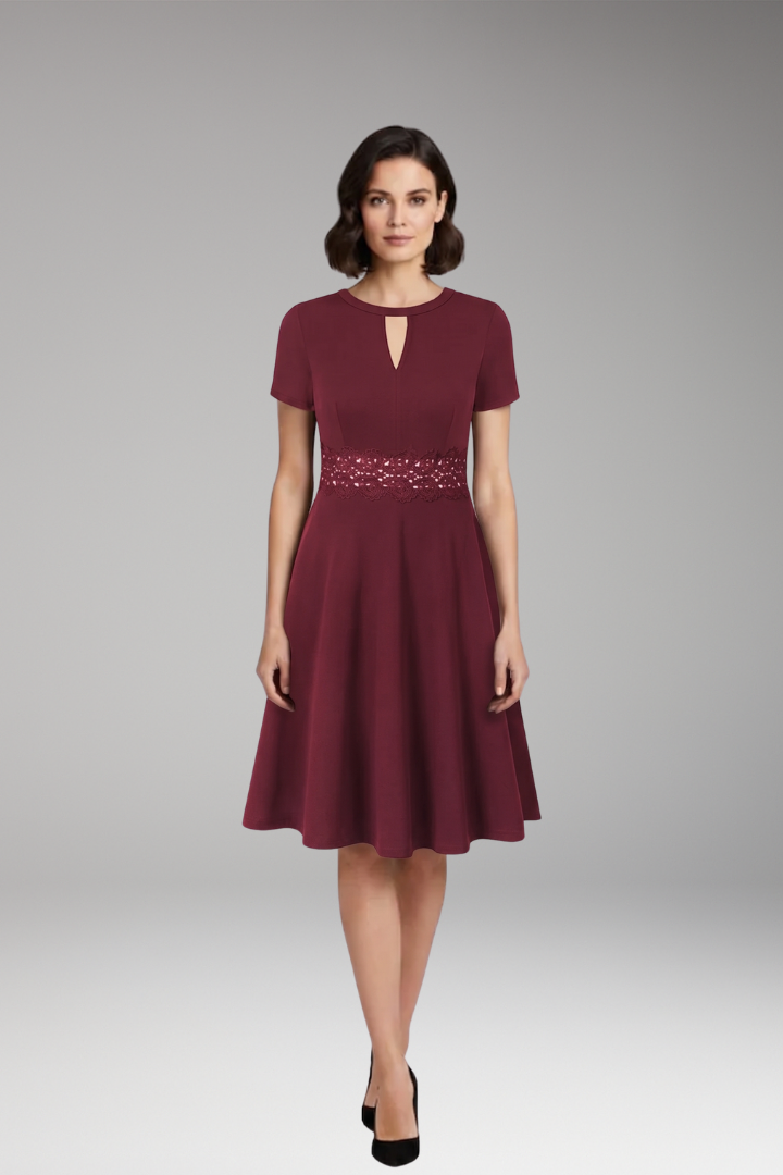 Women's Blue Dress with Lace Detailing and Defined Waist