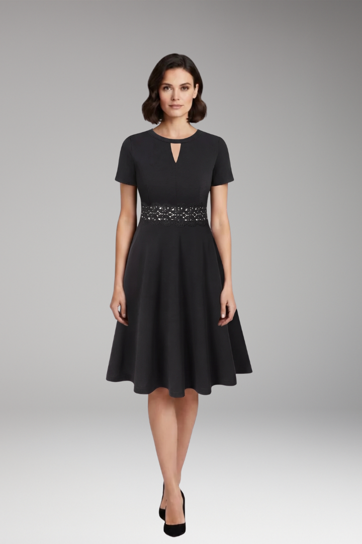 Women's Blue Dress with Lace Detailing and Defined Waist