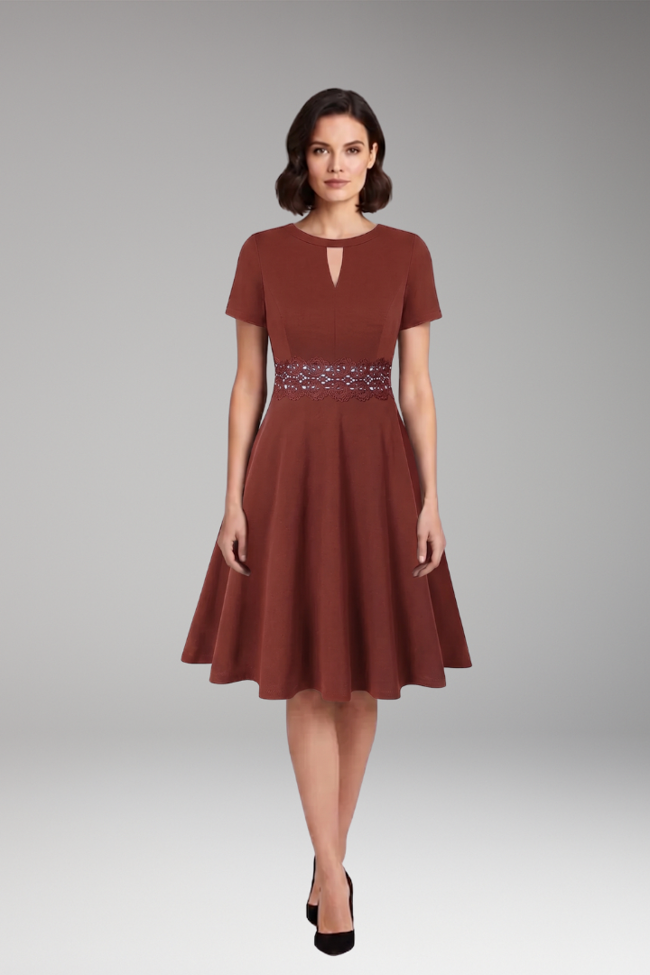 Women's Blue Dress with Lace Detailing and Defined Waist
