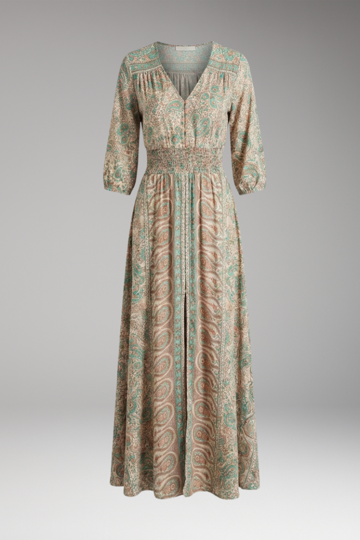 Women's Bohemian Print Dress with V-Neck, Relaxed Fit
