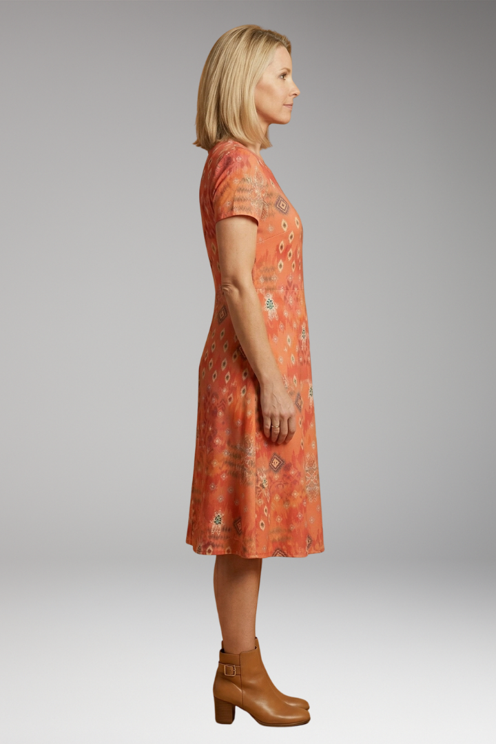 Women's Boho Midi Dress with Short Sleeves and Geometric Floral Print