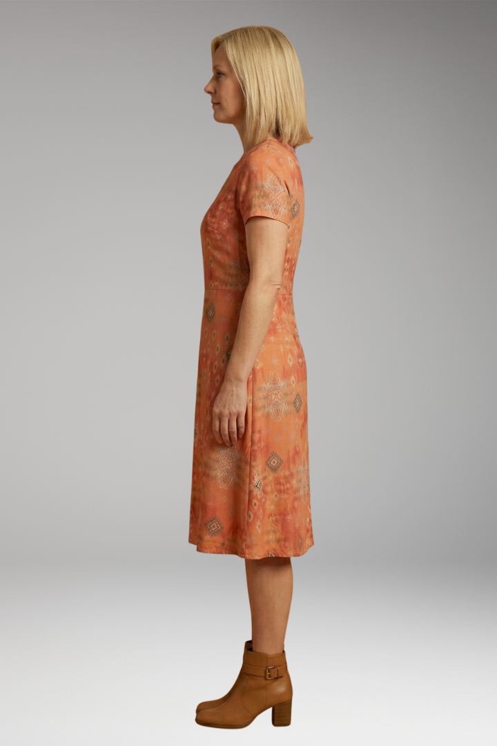 Women's Boho Midi Dress with Short Sleeves and Geometric Floral Print