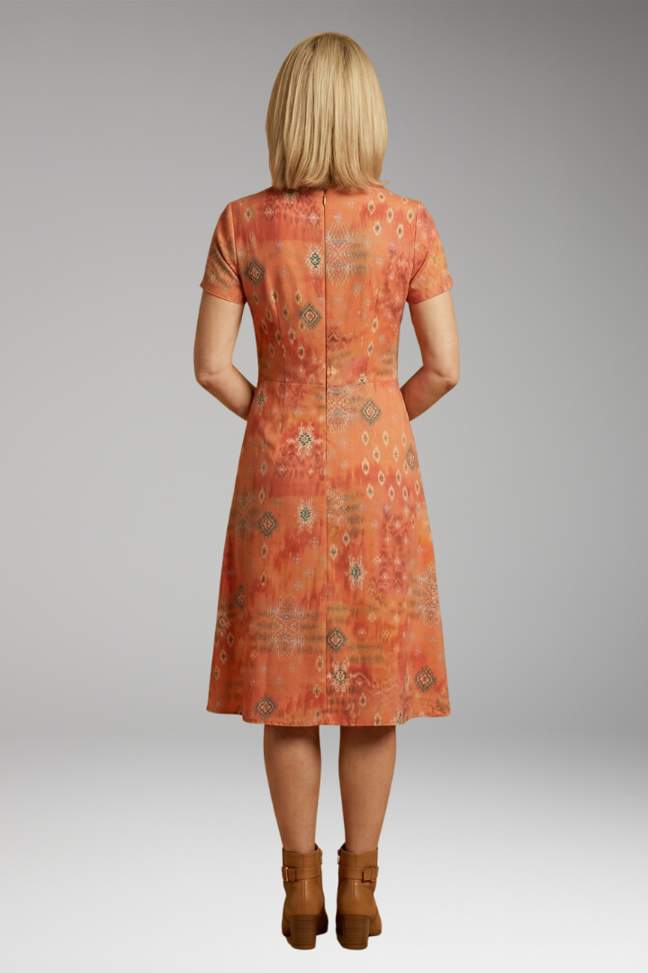 Women's Boho Midi Dress with Short Sleeves and Geometric Floral Print