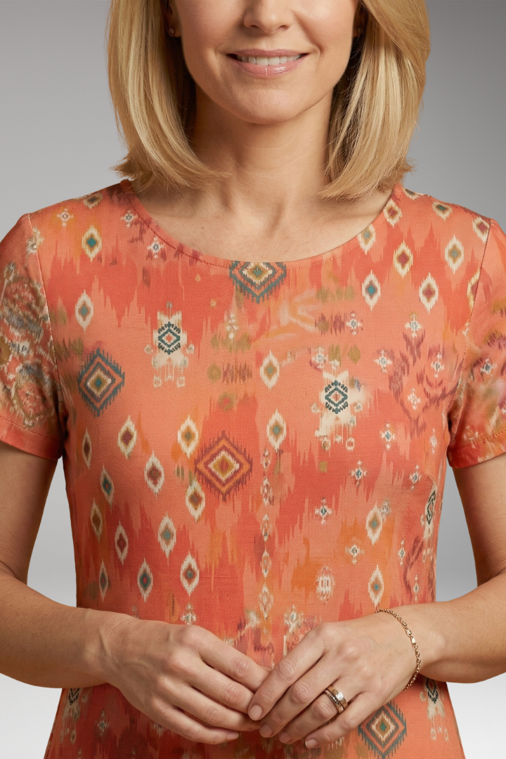 Women's Boho Midi Dress with Short Sleeves and Geometric Floral Print