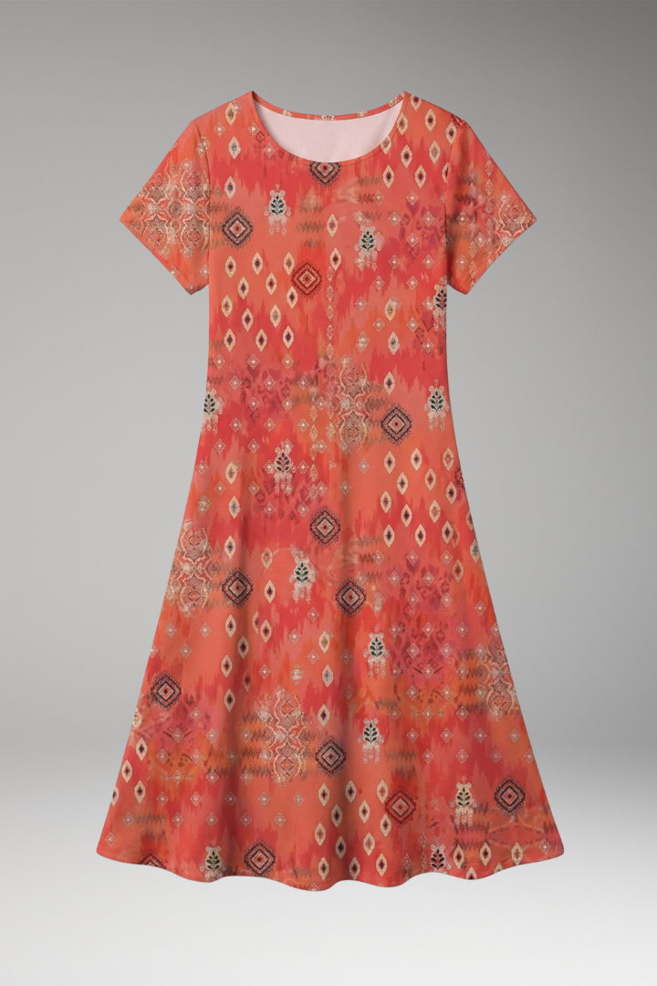 Women's Boho Midi Dress with Short Sleeves and Geometric Floral Print