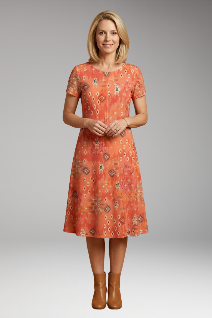 Women's Boho Midi Dress with Short Sleeves and Geometric Floral Print