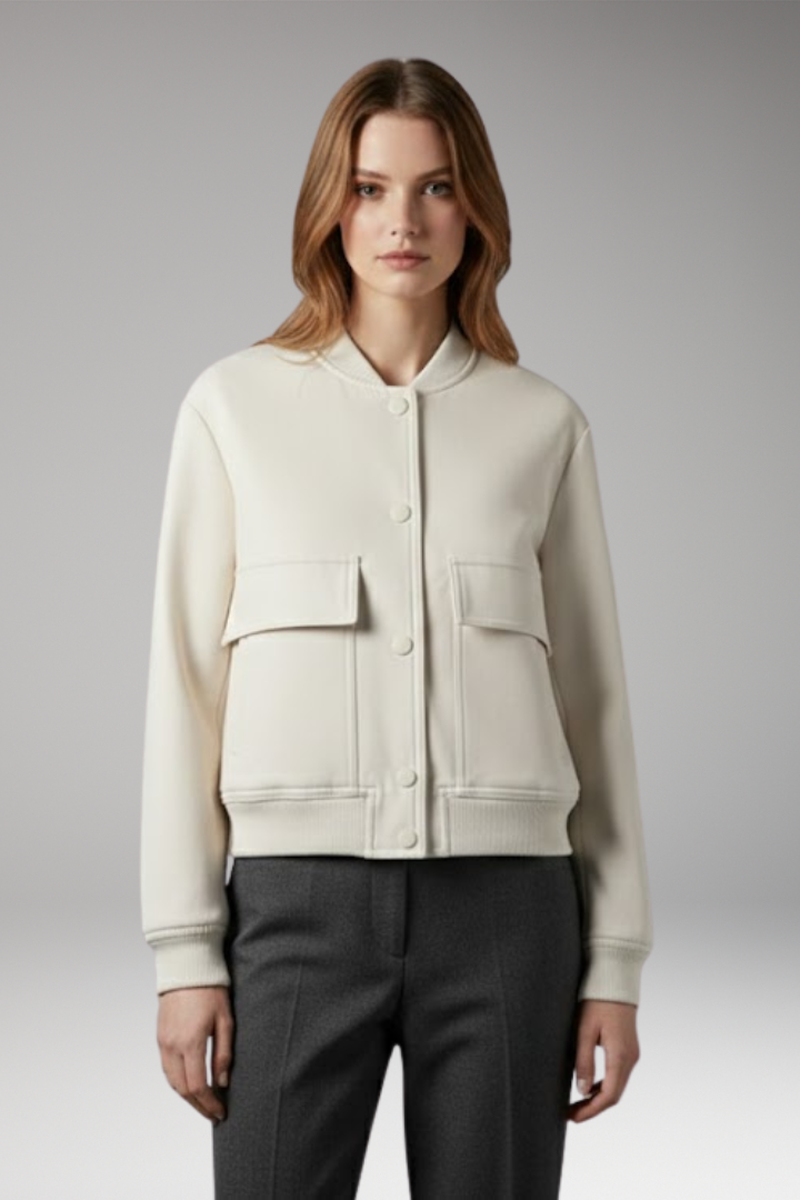 Women's Bomber Jacket with Button Closure and Flap Pockets