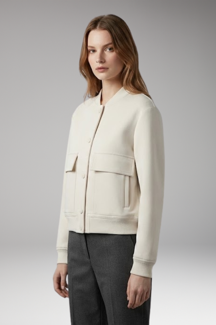 Women's Bomber Jacket with Button Closure and Flap Pockets