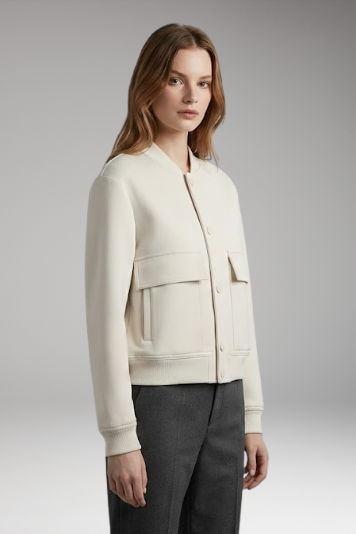 Women's Bomber Jacket with Button Closure and Flap Pockets