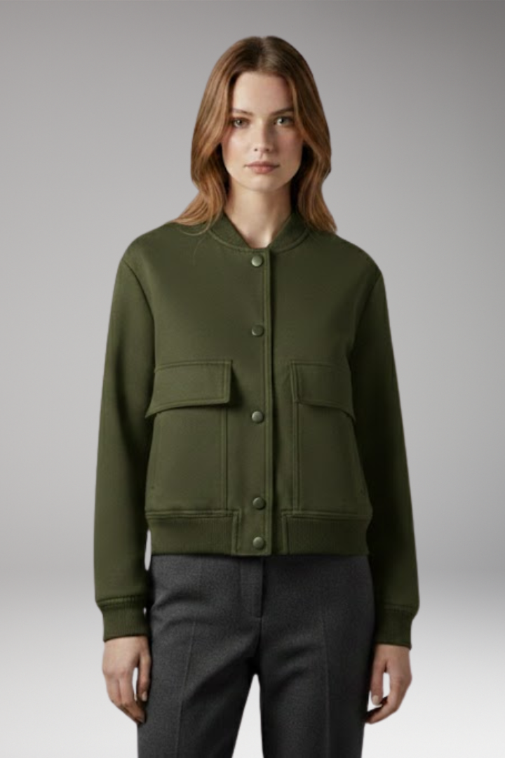 Women's Bomber Jacket with Button Closure and Flap Pockets