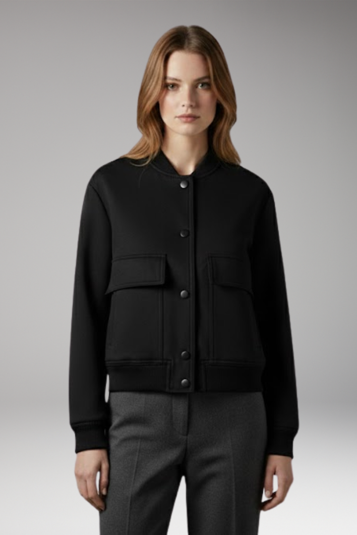 Women's Bomber Jacket with Button Closure and Flap Pockets