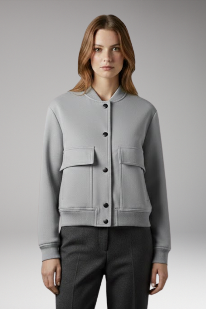 Women's Bomber Jacket with Button Closure and Flap Pockets