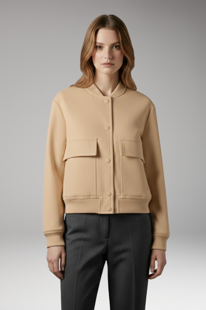 Women's Bomber Jacket with Button Closure and Flap Pockets