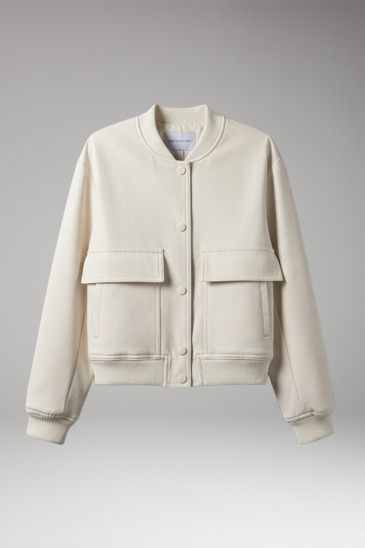 Women's Bomber Jacket with Button Closure and Flap Pockets