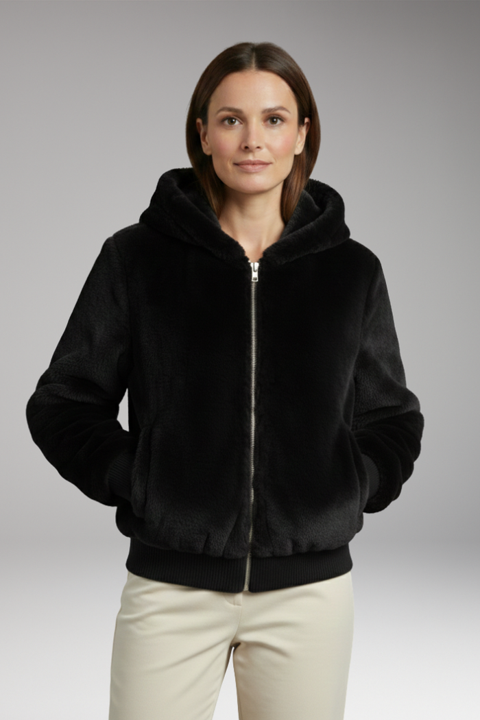 Women's Bomber Jacket with Faux Fur Surface and Zipper Closure