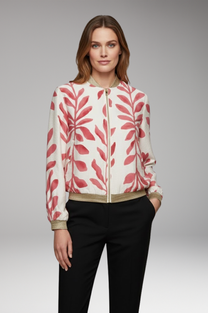 Women's Bomber Jacket with Floral Design and Seam-Stitched Pockets