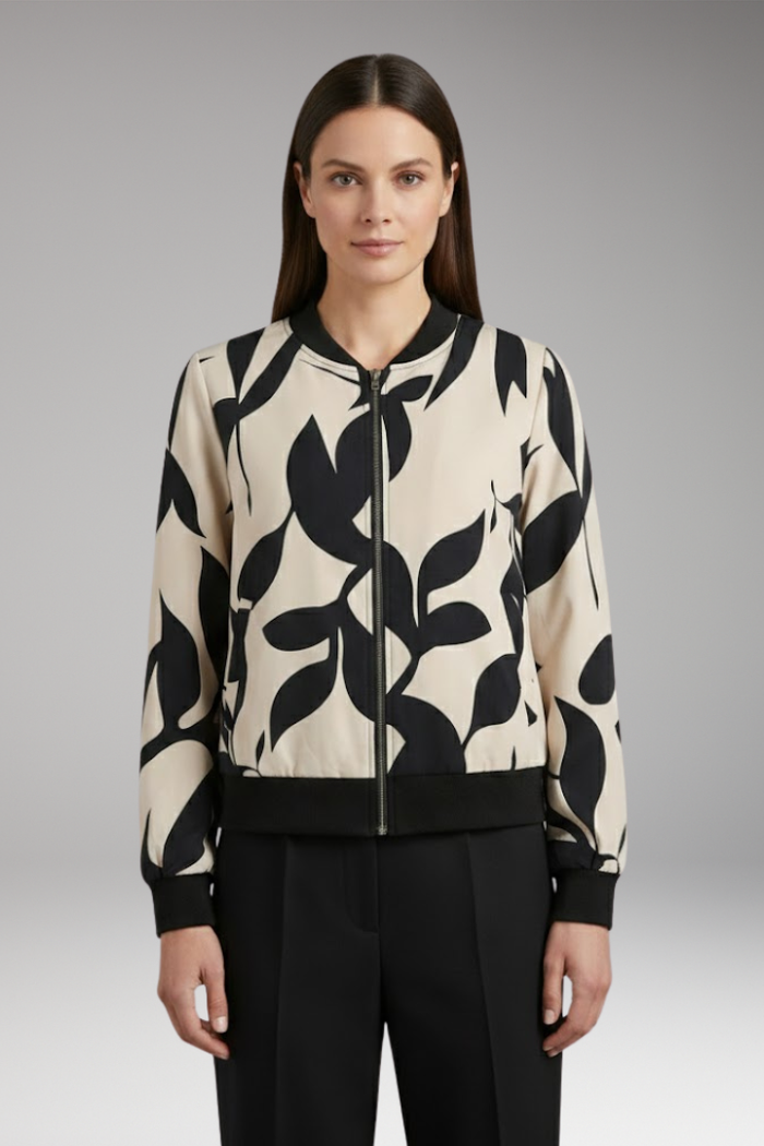 Women's Bomber Jacket with Floral Pattern and Elastic Cuffs