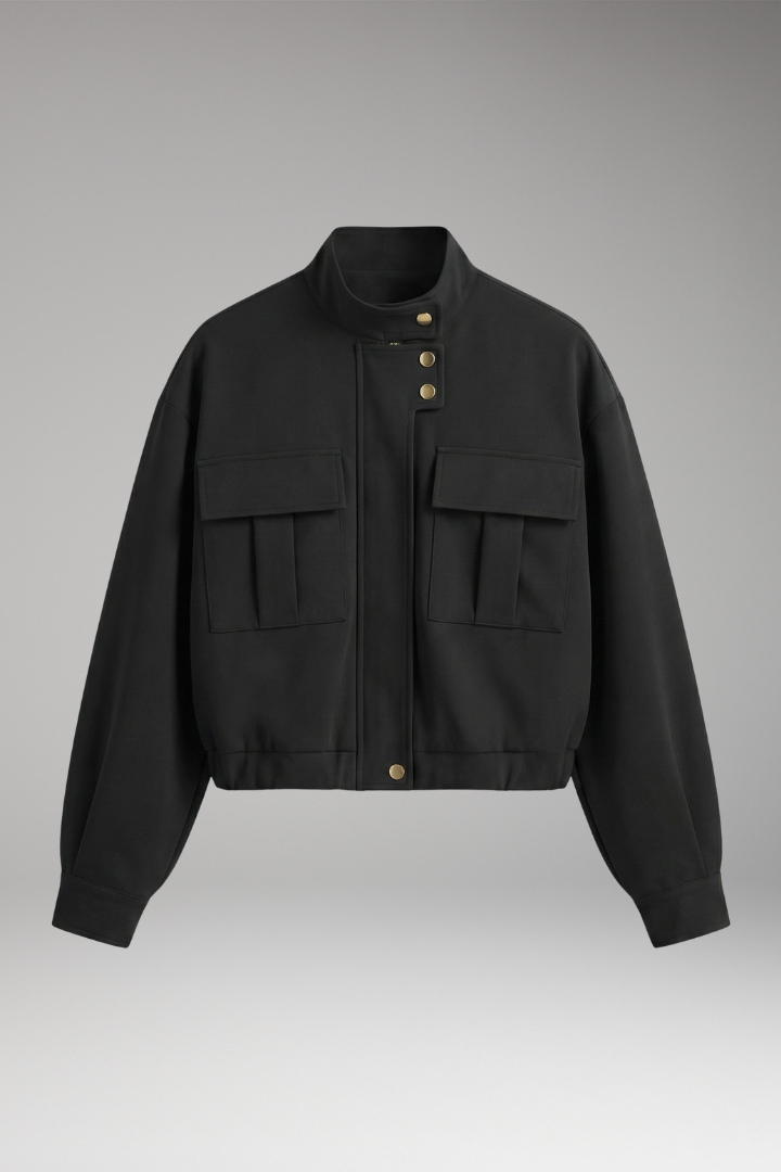 Women's Bomber Jacket with Front Closure and Pocket Arrangement