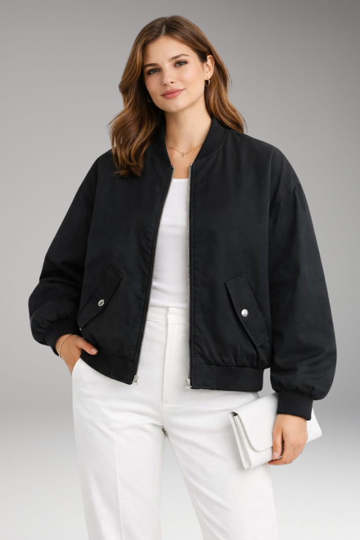 Women's Bomber Jacket with Front Zip and Oversized Shape