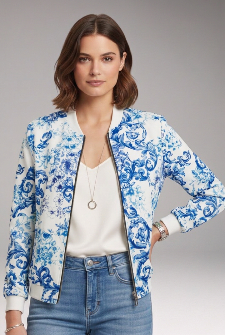 Women's Bomber Jacket with Ribbed Collar and Zipper Closure