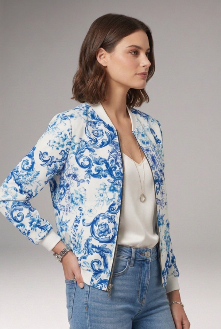 Women's Bomber Jacket with Ribbed Collar and Zipper Closure