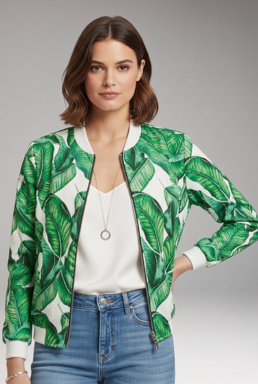 Women's Bomber Jacket with Ribbed Collar and Zipper Closure