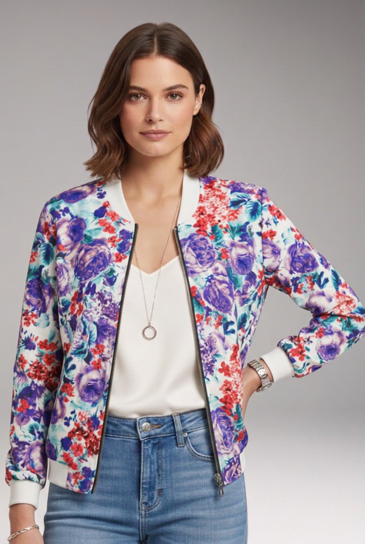 Women's Bomber Jacket with Ribbed Collar and Zipper Closure