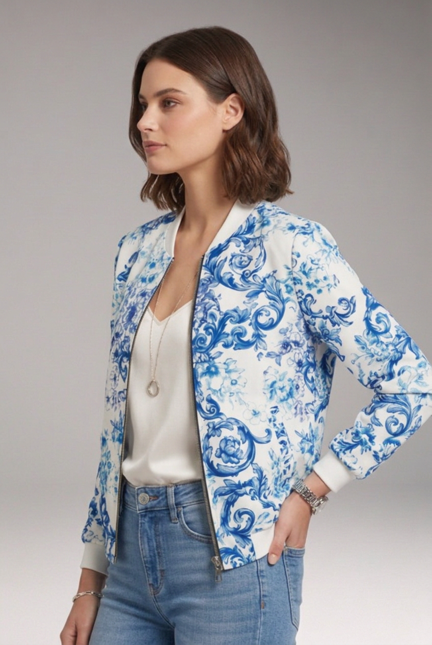 Women's Bomber Jacket with Ribbed Collar and Zipper Closure
