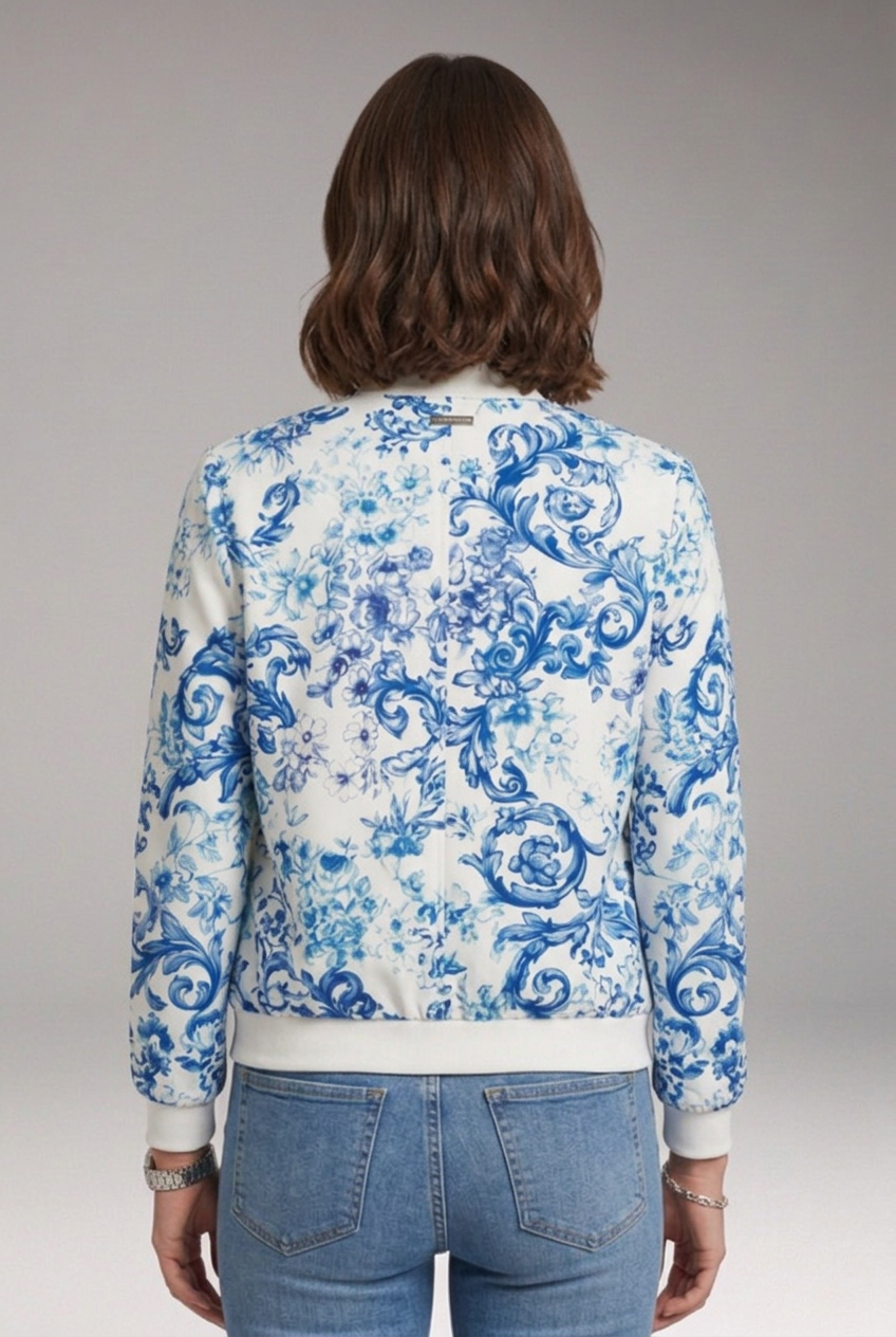 Women's Bomber Jacket with Ribbed Collar and Zipper Closure