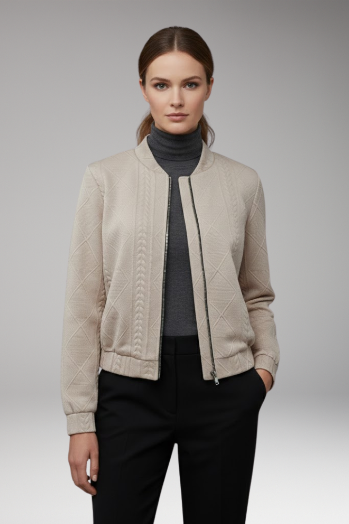 Women's Bomber Jacket with Ribbed Cuffs and Front Fastening