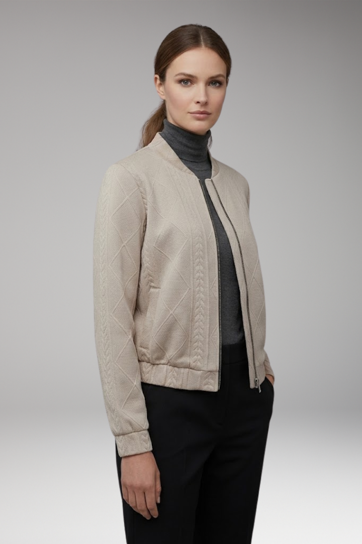 Women's Bomber Jacket with Ribbed Cuffs and Front Fastening