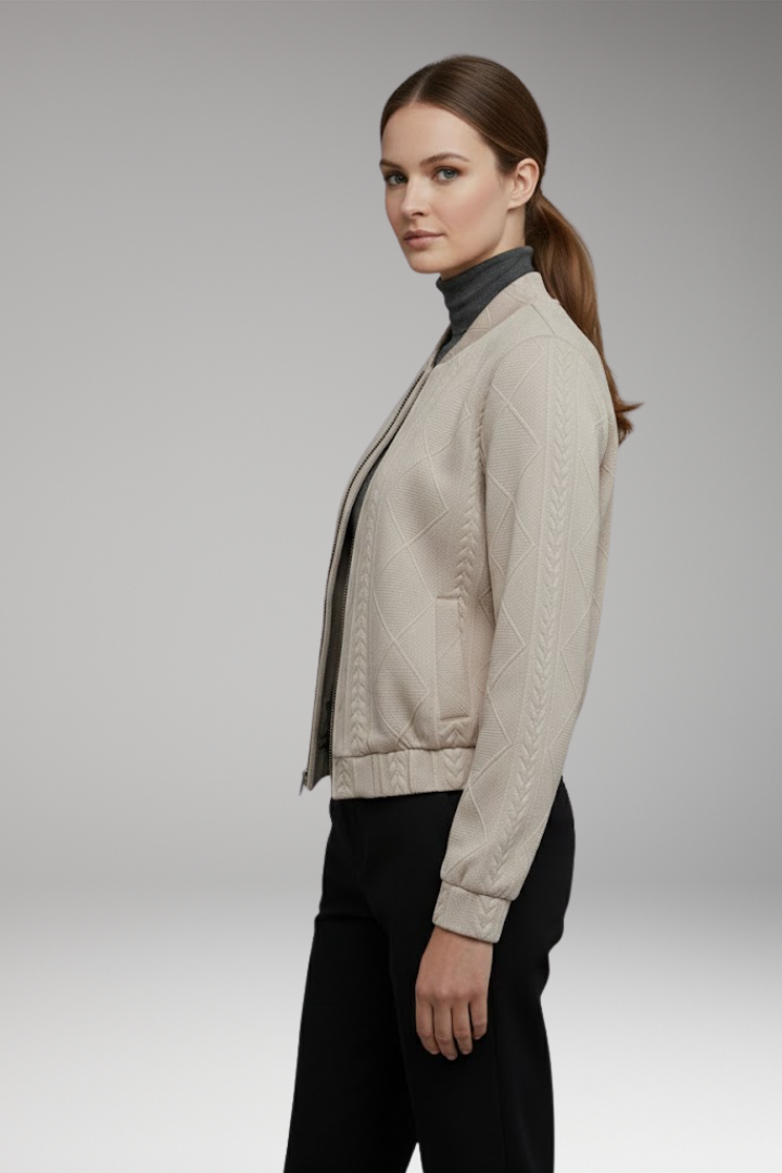 Women's Bomber Jacket with Ribbed Cuffs and Front Fastening