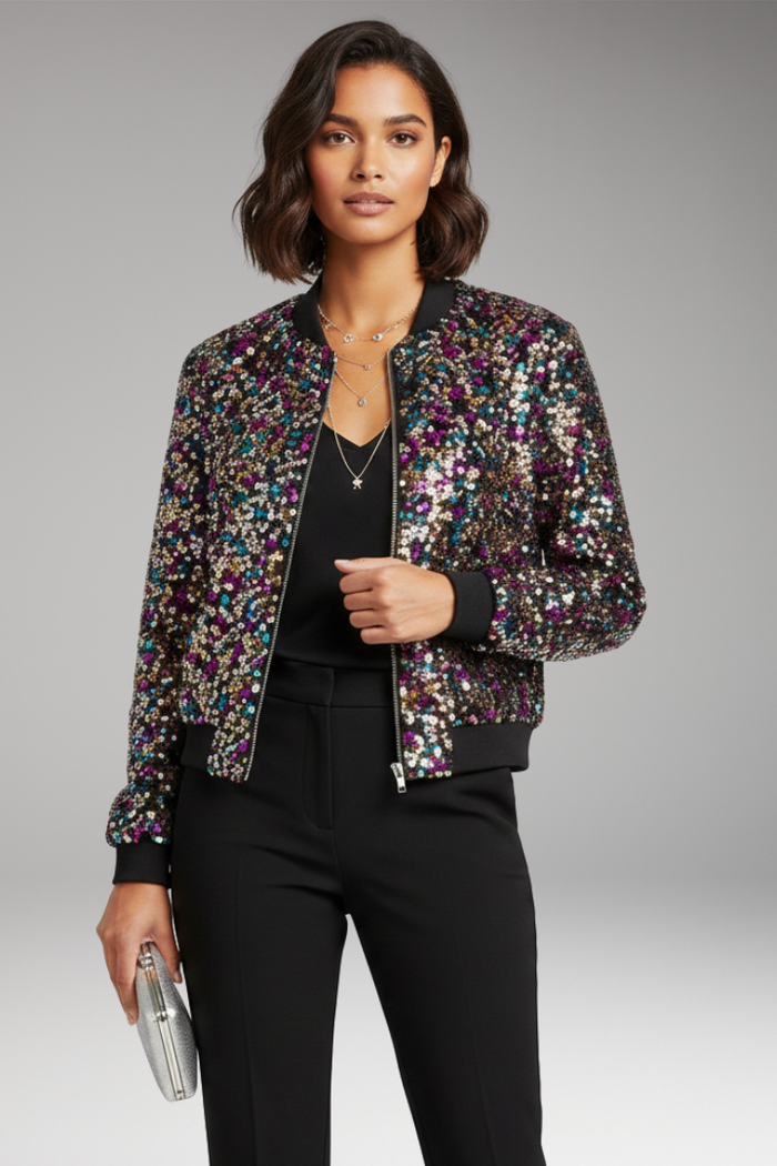 Women's Bomber Jacket with V-Neckline and Polka Dot Surface