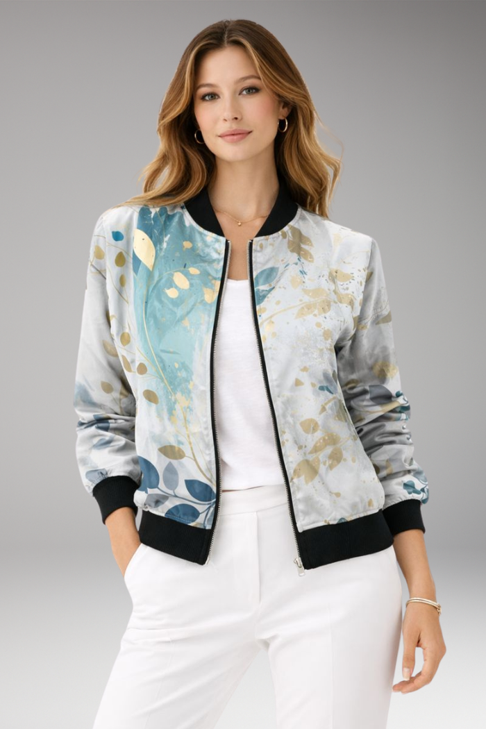 Women's Bomber Jacket with Zipper Closure and Floral Surface