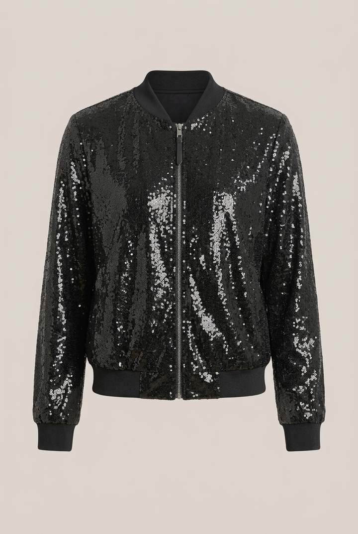 Women's Bomber Jacket with Zipper and Glitter Appliqus