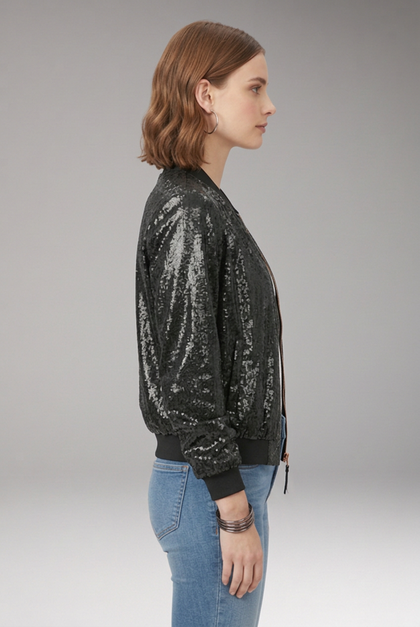 Women's Bomber Jacket with Zipper and Glitter Appliqus