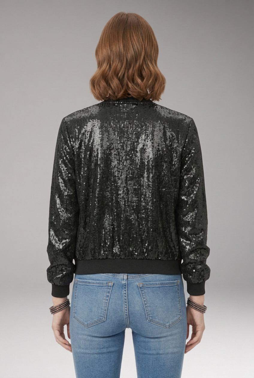 Women's Bomber Jacket with Zipper and Glitter Appliqus