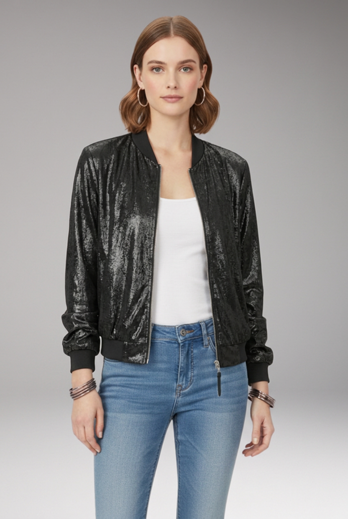 Women's Bomber Jacket with Zipper and Glitter Appliqus