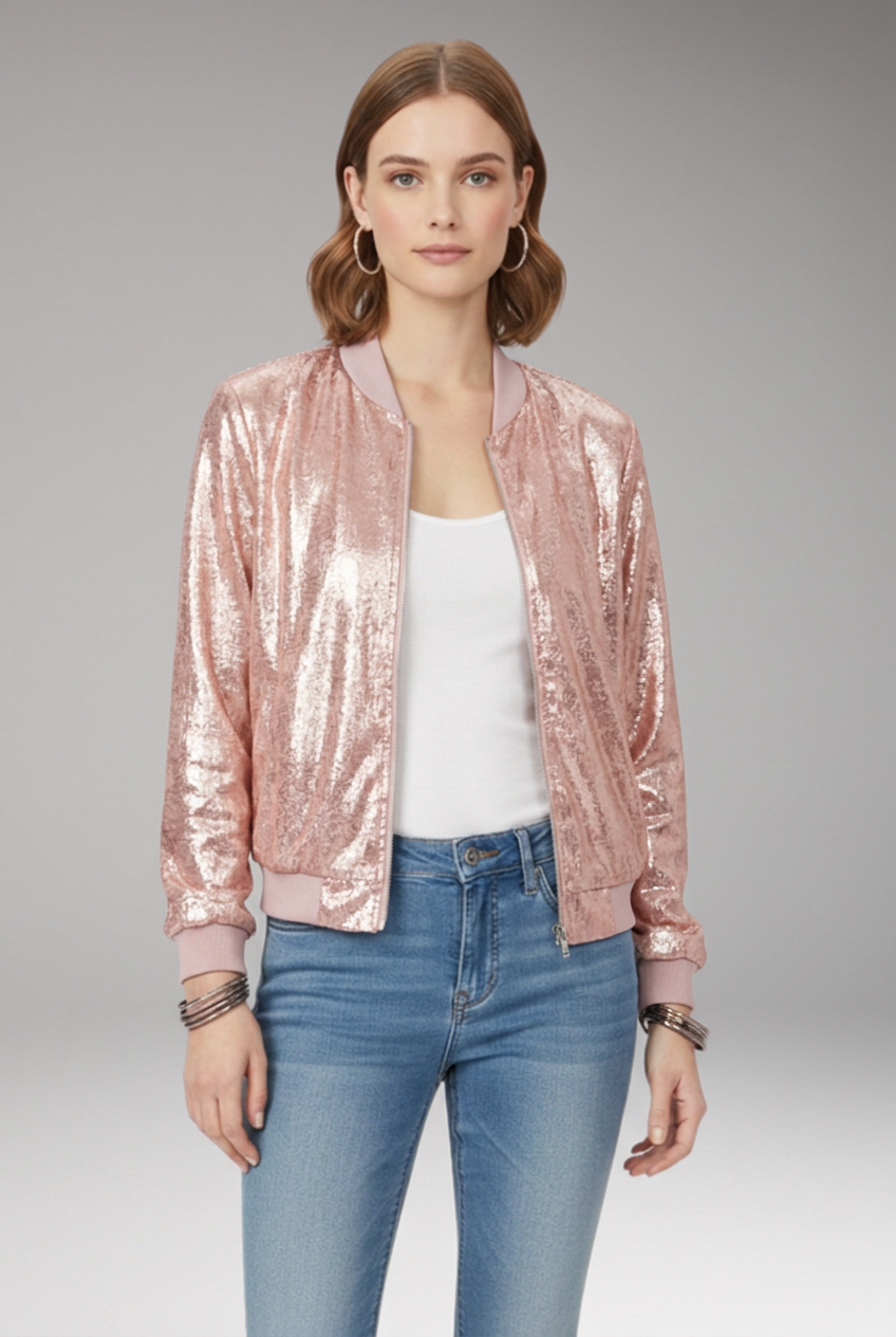Women's Bomber Jacket with Zipper and Glitter Appliqus