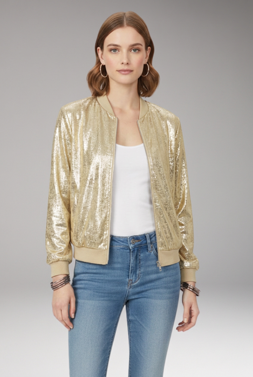 Women's Bomber Jacket with Zipper and Glitter Appliqus